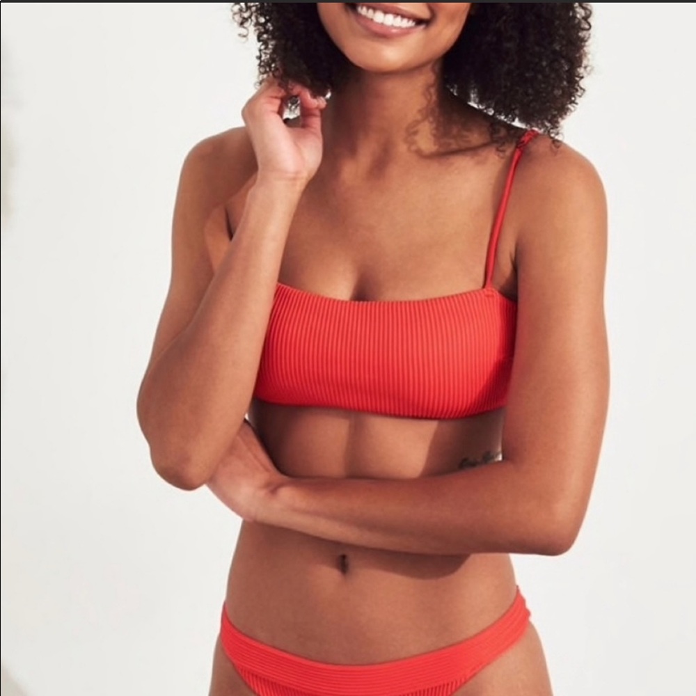Hollister Red Ribbed Square Neck Bikini Top